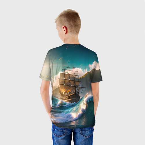 Детская футболка 3D с принтом Корабль и Солнце, вид сзади #2