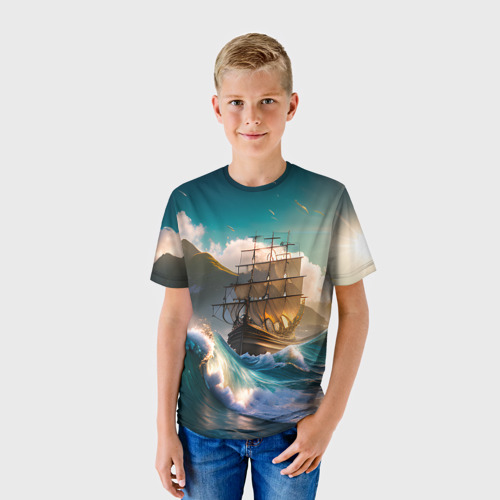 Детская футболка 3D с принтом Корабль и Солнце, фото на моделе #1