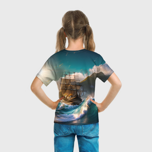 Детская футболка 3D с принтом Корабль и Солнце, вид сзади #2