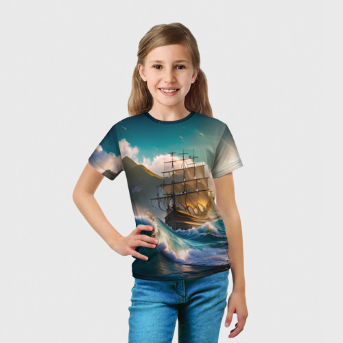 Детская футболка 3D с принтом Корабль и Солнце, вид сбоку #3