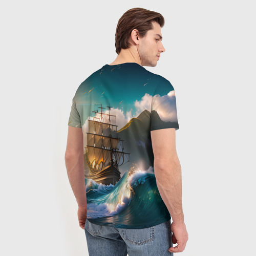 Мужская футболка 3D с принтом Корабль и Солнце, вид сзади #2