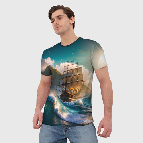 Мужская футболка 3D с принтом Корабль и Солнце, фото на моделе #1