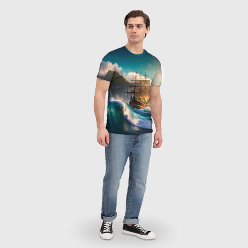 Мужская футболка 3D с принтом Корабль и Солнце, вид сбоку #3