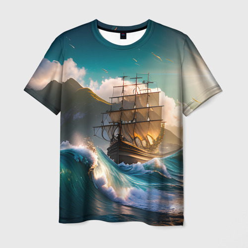Мужская футболка 3D с принтом Корабль и Солнце, вид спереди #2