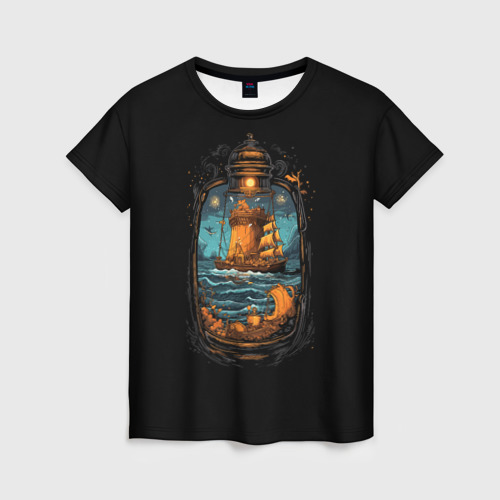 Женская футболка 3D с принтом Арт корабль в бутылке, вид спереди #2