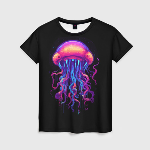 Женская футболка 3D с принтом Неоновая медуза с глазами, вид спереди #2