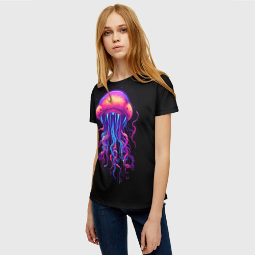 Женская футболка 3D с принтом Неоновая медуза с глазами, фото на моделе #1