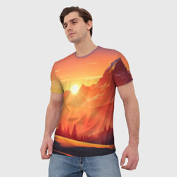 Мужская футболка 3D Рассвет в заснеженных горах - фото 2