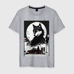 Мужская футболка хлопок Волк в ночном городе - нейросеть