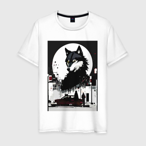 Мужская футболка из хлопка с принтом Волк в ночном городе - нейросеть, вид спереди №1
