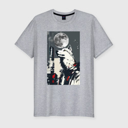 Мужская футболка хлопок Slim Волк на фоне луны - мегаполис - нейросеть