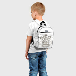 Рюкзак с принтом Дракон Горыныч на запорожце для ребенка, вид на модели спереди №2. Цвет основы: белый