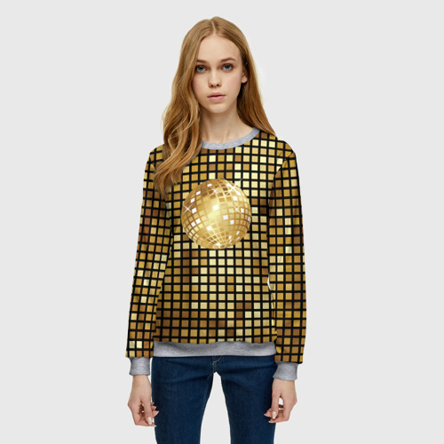 Женский свитшот 3D с принтом Золотой диско шар и золотая мозаика, фото на моделе #1