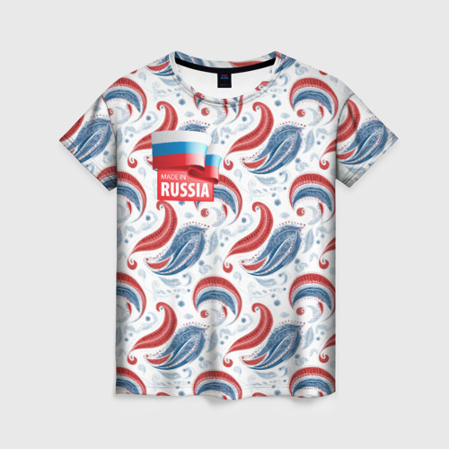 Женская футболка 3D с принтом Флаг России и русские узоры, вид спереди #2