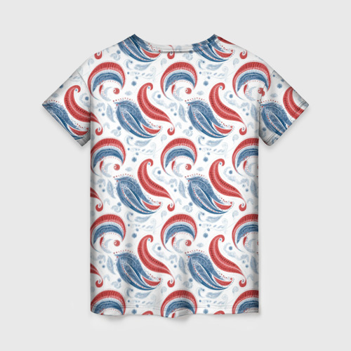Женская футболка 3D с принтом Флаг России и русские узоры, вид сзади #1