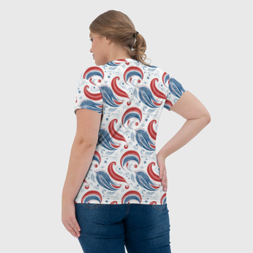 Женская футболка 3D с принтом Флаг России и русские узоры, вид сзади #2