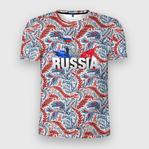 Мужская футболка 3D Slim с принтом Happy Russia волнистые узоры, вид спереди #2