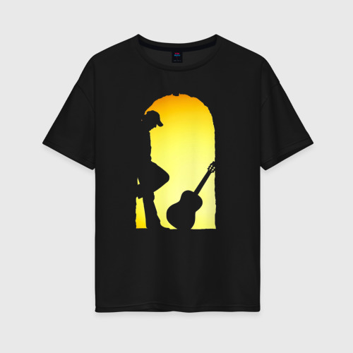Женская футболка хлопок Oversize Печальный гитарист, цвет черный