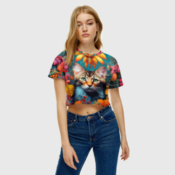 Женская футболка Crop-top 3D Дикая кошка в цветах - фото 2