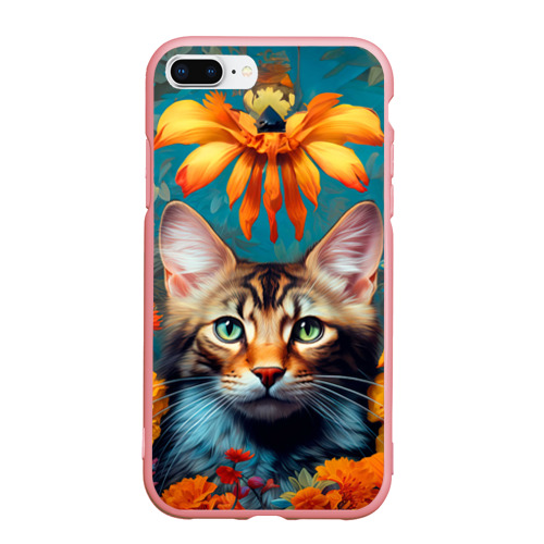 Чехол для iPhone 7Plus/8 Plus матовый с принтом Дикая кошка в цветах, вид спереди #2