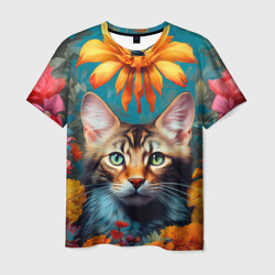 Мужская футболка 3D Дикая кошка в цветах