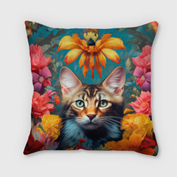 Подушка 3D Дикая кошка в цветах