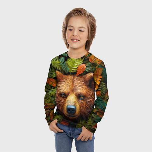 Детский лонгслив 3D с принтом Медведь в листьях, фото на моделе #1