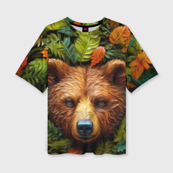 Женская футболка oversize 3D Медведь в листьях