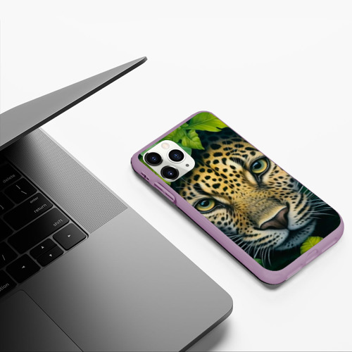Чехол для iPhone 11 Pro матовый с принтом Леопард в листьях, фото #5