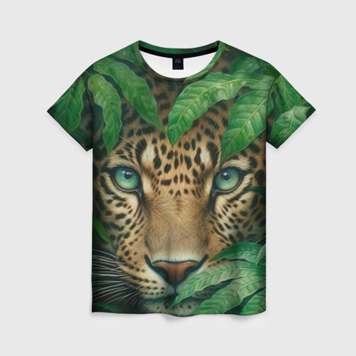 Женская футболка 3D с принтом Леопард в  кустах, вид спереди #2