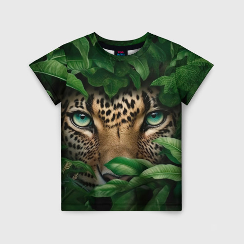 Детская футболка 3D с принтом Леопард выглядывает из кустов, вид спереди #2