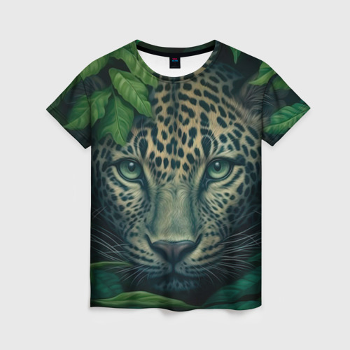 Женская футболка 3D с принтом Леопард  в джунглях, вид спереди #2
