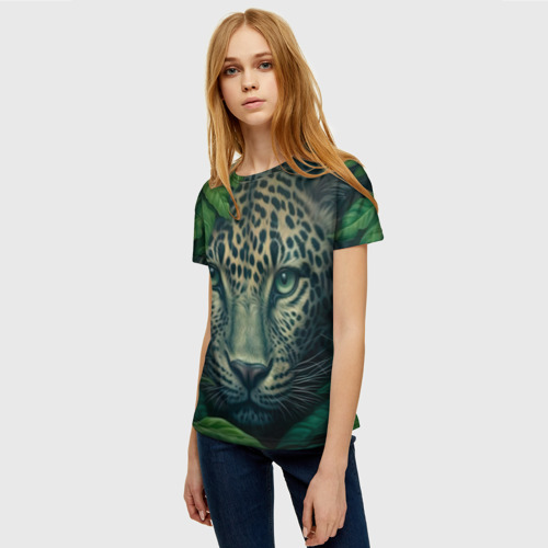 Женская футболка 3D с принтом Леопард  в джунглях, фото на моделе #1