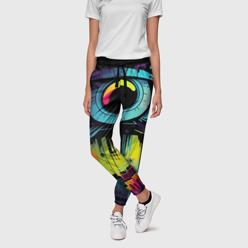 Женские брюки 3D с принтом The eye of cyberpunk, фото на моделе #1