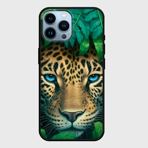 Чехол для iPhone 14 Pro Max с принтом Леопард выглядывает из листьев, вид спереди #2