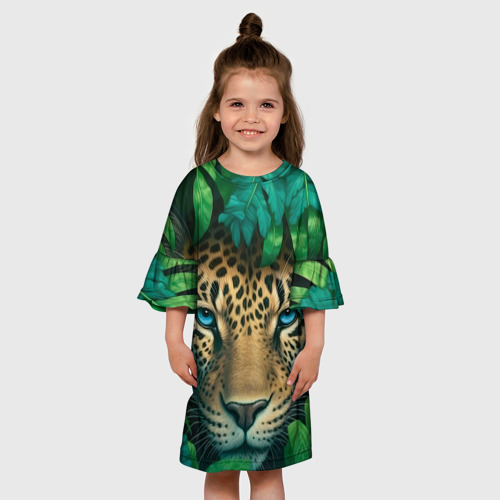 Детское платье 3D с принтом Леопард выглядывает из листьев, вид сбоку #3