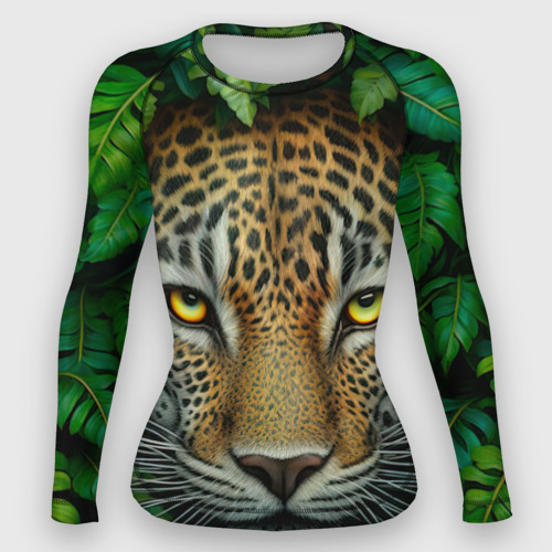 Женский рашгард 3D с принтом Леопард в джунглях выглядывает из кустов, вид спереди #2
