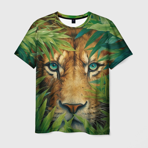 Мужская футболка 3D с принтом Лев в джунглях, вид спереди #2