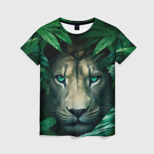 Женская футболка 3D с принтом Лев в  джунглях, вид спереди #2