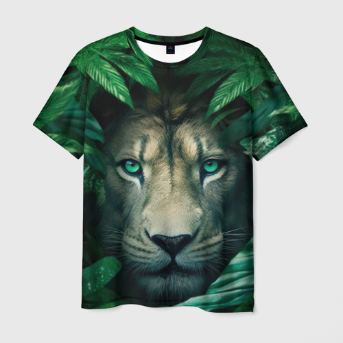 Мужская футболка 3D с принтом Лев в джунглях, вид спереди #2