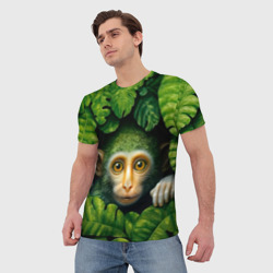 Мужская футболка 3D Маленькая обезьянка в листьях - фото 2