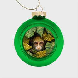 Стеклянный ёлочный шар Маленькая обезьянка  в листьях