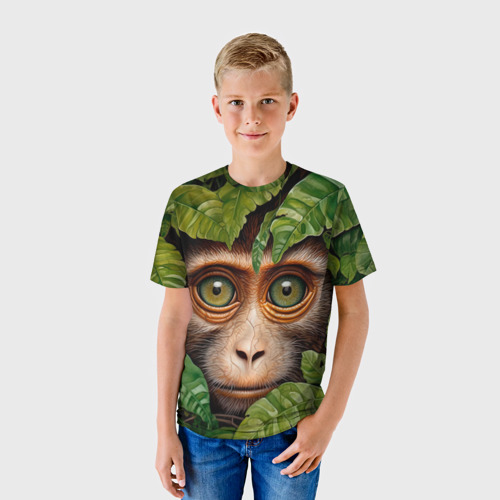 Детская футболка 3D с принтом Обезьяна в джунглях, фото на моделе #1