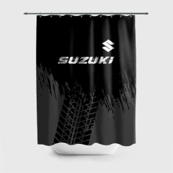 Штора 3D для ванной Suzuki Speed на темном фоне со следами шин: символ сверху