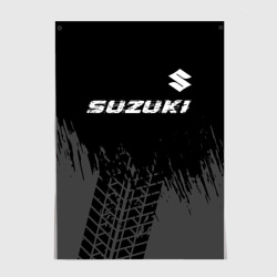 Постер Suzuki Speed на темном фоне со следами шин: символ сверху