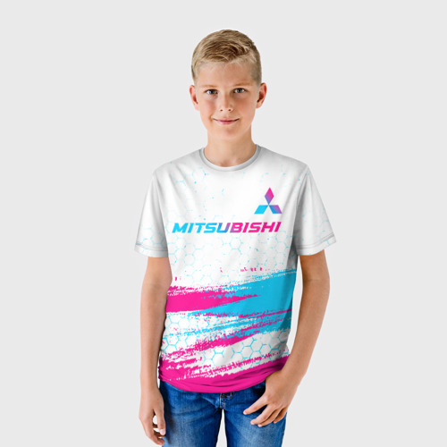 Детская футболка 3D Mitsubishi neon gradient style: символ сверху, цвет 3D печать - фото 3