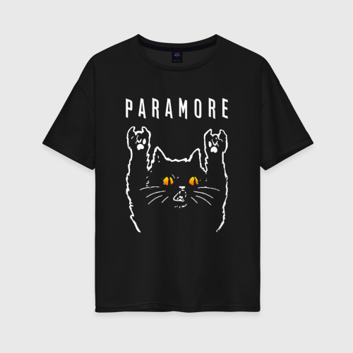 Женская футболка хлопок Oversize Paramore rock cat, цвет черный