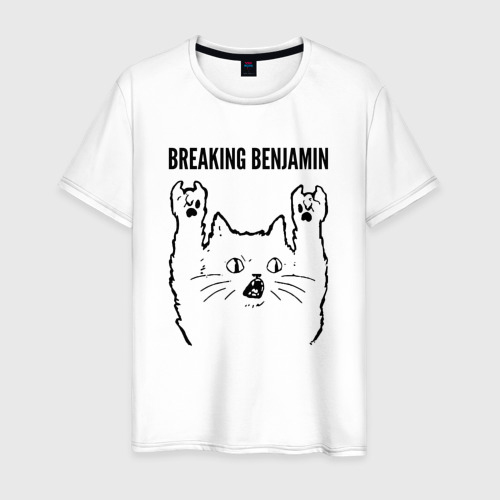 Мужская футболка из хлопка с принтом Breaking Benjamin - rock cat, вид спереди №1