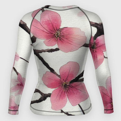 Женский рашгард 3D Цветы и ветви японской сакуры - текстура холста, цвет 3D печать - фото 2