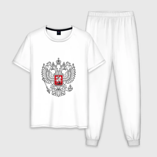 Мужская пижама с белой футболкой хлопок Герб России серебро